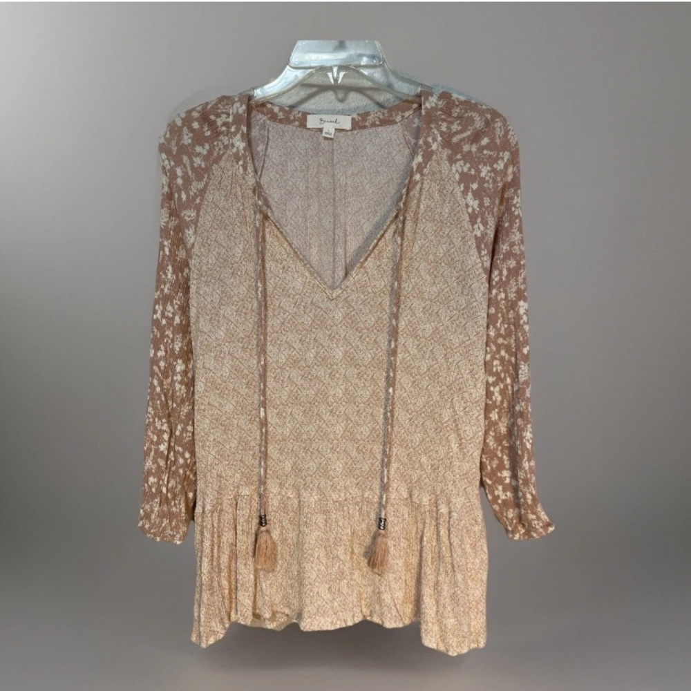 Becaal Floral VNeck Tassle Ruffle bottom blouse Size Lg Boho Peasant Cottagecore